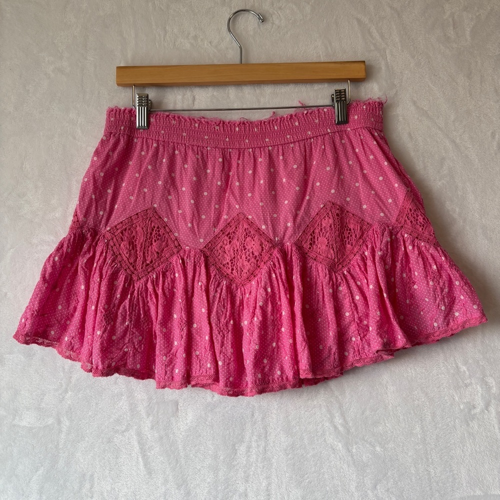 LoveShackFancy womens Pink polka dot lace fray designer Adia Mini‎ Skirt size P - Picture 6 of 9